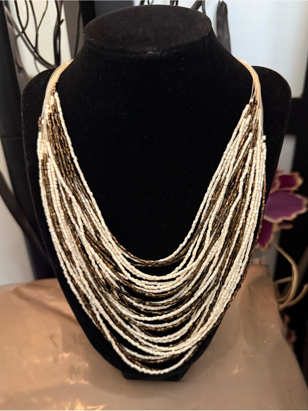 Multi-Strand Ivory and Bronze Seed Bead Necklace - Women Jewelry
